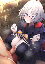 Rule 34 | 1boy, 1girl, black dress, blush, breasts, breasts squeezed together, censored, cleavage, dain (bishop m), dress, fate/grand order, fate (series), glasses, grey hair, hetero, highres, jacques de molay (foreigner) (fate), large breasts, long sleeves, looking at viewer, mosaic censoring, paizuri, penis, short hair, smile