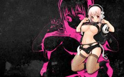 Rule 34 | 1girl, boots, breasts, cleavage, headphones, high heels, highres, large breasts, navel, nitroplus, official art, official wallpaper, open clothes, pink hair, red eyes, shoes, simple background, solo, super sonico, thighhighs, tsuji santa, wallpaper, wide hips, zoom layer