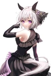 Rule 34 | 1girl, animal ears, bare shoulders, black dress, black gloves, breasts, closed mouth, clothing cutout, cowboy shot, curren chan (sakutsuki ma cherie) (umamusume), curren chan (umamusume), dress, ear covers, elbow gloves, frilled dress, frills, from behind, gloves, grey hair, highres, horse ears, horse girl, horse tail, looking at viewer, looking back, mikazuki mika, purple eyes, short hair, sideboob, simple background, small breasts, smile, solo, tail, tail through clothes, umamusume, wedding dress, white background
