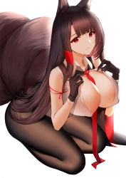 Rule 34 | 1girl, absurdres, akagi (azur lane), akagi (muse) (azur lane), an yasuri, animal ears, azur lane, bare shoulders, between breasts, black gloves, breasts, brown hair, brown pantyhose, cleavage, covered erect nipples, fox ears, fox girl, fox tail, gloves, hands on own chest, hands up, highres, kitsune, large breasts, long hair, looking at viewer, multiple tails, necktie, pantyhose, parted lips, red eyes, red necktie, seiza, shirt, simple background, sitting, sleeveless, sleeveless shirt, solo, tail, thighs, very long hair, white background, white shirt