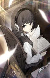 Rule 34 | 1girl, absurdres, black hair, blurry, blurry foreground, blush, book, book stack, bookmark, brown hair, chain, chair, feathers, headphones, highres, holding, holding book, indoors, jitter k, library, light blush, light particles, light rays, long hair, open book, open mouth, original, sitting, solo