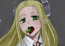 Rule 34 | 1girl, blonde hair, bug, caterpillar, drooling, franken fran, glasgow smile, green eyes, grey background, madaraki fran, maittamkr, portrait, saliva, solo, stitched neck, stitches, teeth, tongue, tongue out, upper teeth only