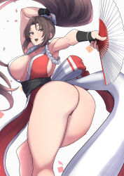 Rule 34 | 1girl, armpits, ass, breasts, brown hair, clash kuro neko, collarbone, fatal fury, hand fan, high ponytail, highres, holding, holding fan, looking at viewer, looking back, pelvic curtain, revealing clothes, shiranui mai, smile, solo, the king of fighters, thighs