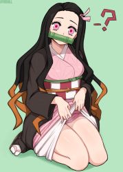 Rule 34 | 1girl, ?, afrobull, artist name, bad id, bad pixiv id, bamboo, bit gag, black hair, checkered sash, clothes lift, commentary, dress, dress lift, english commentary, gag, green background, hair ribbon, highres, japanese clothes, kamado nezuko, kimetsu no yaiba, kimono, kneeling, lifted by self, long hair, looking at viewer, multicolored hair, pink eyes, pink ribbon, ribbon, simple background, solo, thighs