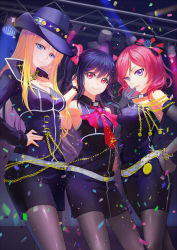 Rule 34 | 10s, 3girls, alternate costume, alternate hairstyle, ayase eli, bibi (love live!), black gloves, black hair, black legwear, blonde hair, blue eyes, blush, bow, breasts, cleavage, coat, cowboy hat, criin (659503), diamond princess no yuuutsu, gloves, hair bow, hair down, hand on own hip, hand on own chest, hand to own mouth, hat, hat over one eye, jewelry, long hair, looking at viewer, love live!, love live! school idol project, medium breasts, multiple girls, nishikino maki, purple eyes, red eyes, red hair, short hair, short twintails, smile, standing, twintails, yazawa nico