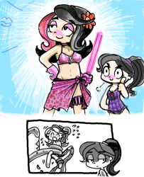 Rule 34 | 1boy, 1girl, belt, bikini, black eyes, black hair, blush, breasts, brother and sister, cleavage, crossdressing, eyeshadow, frown, guy hamdon, hands on own hips, kelly hamdon, long hair, makeup, mole, multicolored hair, navel, one-piece swimsuit, open mouth, pink hair, ponytail, shaded face, shezow, shezow (character), siblings, smile, sukaponta, swimsuit, tentacles, tentacles on male, thumbs up, trap, undressing, weapon