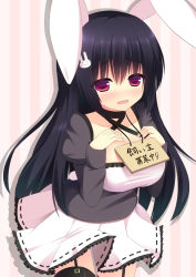 Rule 34 | 1girl, animal ears, black hair, black thighhighs, blush, breasts, cleavage, dress, garter straps, hair ornament, large breasts, long hair, looking at viewer, megarisu, open mouth, original, rabbit ears, red eyes, sign, skirt, solo, thighhighs, translation request