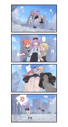 Rule 34 | !?, +++, 3girls, 4koma, ?, ^ ^, absurdres, anger vein, angry, arm at side, arm hug, arms up, arrow (symbol), backpack, bag, black dress, black footwear, black hairband, black pantyhose, black shirt, black skirt, black thighhighs, blonde hair, blue eyes, blue jacket, blue ribbon, blue sky, blush, blush stickers, boots, border, brown shirt, building, buttons, cellphone, city, closed eyes, closed mouth, cloud, collar, collarbone, comic, crop top, cross-laced footwear, day, dress, dutch angle, embarrassed, emphasis lines, female focus, fishnet thighhighs, fishnets, fleeing, flying sweatdrops, fountain, from behind, from below, hair bun, hair flaps, hair intakes, hairband, hand up, handbag, happy, high-waist skirt, highres, holding, holding another&#039;s arm, holding phone, hood, hooded sweater, jacket, long hair, long sleeves, looking at another, looking down, miniskirt, miruru (rune (dualhart)), multiple girls, multiple views, neck ribbon, nose blush, one eye closed, open clothes, open jacket, open mouth, orange eyes, original, outdoors, outstretched arms, panties, pantyhose, pantyshot, pencil skirt, phone, pinafore dress, ponytail, prank, purple eyes, purple hair, raika (rune (dualhart)), red hair, ribbon, rune (dualhart), running, shirt, shirt tucked in, shoes, short hair, shuriken hair ornament, sidelocks, single hair bun, sketch, skirt, sky, skyscraper, sleeveless, sleeveless dress, smartphone, smile, socks, speech bubble, spiked collar, spikes, splashing, split mouth, spoken anger vein, spoken interrobang, spoken question mark, squirting liquid, standing, surprised, sweat, sweater, thighhighs, thighs, underwear, upper body, upskirt, walking, water, wet, wet clothes, wet panties, white border, white footwear, white panties, white skirt, white socks, white sweater, wide shot, wince, yurina (rune (dualhart))