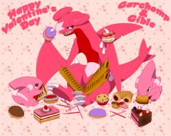 Rule 34 | alternate color, cake, character name, claws, commentary, creatures (company), doughnut, eating, fangs, fangs out, food, game freak, garchomp, gen 4 pokemon, gible, happy valentine, heart, holding, holding food, looking down, nintendo, no humans, open mouth, pokemon, pokemon (creature), sharp teeth, teeth, yajuuraku