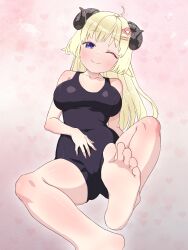 Rule 34 | 1girl, barefoot, blonde hair, blue eyes, blush, feet, highres, hololive, horns, long hair, looking at viewer, one-piece swimsuit, one eye closed, paingoro, smile, soles, swimsuit, toes, tsunomaki watame, wink