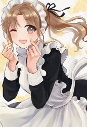Rule 34 | 19 okeke, 1girl, apron, bad id, bad twitter id, black dress, brown eyes, brown hair, commentary request, dress, finger heart, frilled apron, frills, high ponytail, highres, ichikawa hinana, idolmaster, idolmaster shiny colors, long hair, long sleeves, looking at viewer, maid, maid apron, maid headdress, one eye closed, solo