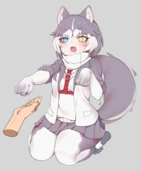 Rule 34 | + +, 1girl, :3, animal ear fluff, animal ears, blue eyes, boots, commentary request, disembodied hand, dog (mixed breed) (kemono friends), dog ears, dog tail, elbow gloves, fang, fur trim, gloves, gradient gloves, gradient legwear, grey gloves, grey hair, grey pantyhose, harness, heterochromia, jacket, kemono friends, multicolored clothes, multicolored gloves, multicolored hair, multicolored legwear, nyifu, open mouth, pantyhose, paw pose, pleated skirt, scarf, seiza, short hair, short sleeves, sitting, skirt, solo, sweater, tail, white gloves, white hair, white pantyhose, yellow eyes