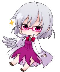Rule 34 | 1girl, bespectacled, bow, bowtie, chibi, dress, full body, glasses, jacket, kishin sagume, long sleeves, open clothes, open mouth, purple dress, red eyes, shiohachi, shirt, short hair, silver hair, single wing, solo, touhou, wings