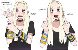 Rule 34 | 1girl, black shirt, blonde hair, blush, bracelet, collar, commentary, english text, fang, jewelry, long hair, looking at viewer, middle finger, ohasi, open mouth, original, piercing, profanity, shirt, simple background, skin fang, solo, spiked bracelet, spiked collar, spiked ear piercing, spikes, sweat, sweden (ohasi), symbol-only commentary, tongue piercing, white background
