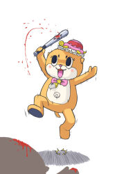 Rule 34 | 1other, baby bottle, baseball bat, blood, bloody weapon, blush stickers, bottle, chiitan, full body, highres, holding, holding baseball bat, holding weapon, jumping, kk-san, looking at viewer, mascot, midair, motion lines, open mouth, otter, simple background, solo focus, susaki, weapon, white background, x navel, yuru-chara