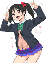 Rule 34 | 10s, 1girl, :d, \m/, baba arumi, black hair, blazer, blush, bow, cardigan, double \m/, hair bow, jacket, looking at viewer, love live!, love live! school idol project, miniskirt, nico nico nii, open clothes, open jacket, open mouth, pleated skirt, red eyes, school uniform, short twintails, simple background, skirt, smile, solo, sweater, translation request, twintails, white background, yazawa nico