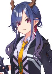 Rule 34 | 1girl, absurdres, arknights, black gloves, black jacket, blue hair, ch&#039;en (arknights), closed mouth, collared shirt, dragon horns, fingerless gloves, gloves, headset, highres, holding, holding sword, holding weapon, horns, jacket, long hair, looking at viewer, low twintails, necktie, open clothes, open shirt, pink eyes, shirt, simple background, solo, sword, twintails, upper body, v-shaped eyebrows, weapon, white background, white shirt, yellow necktie, yokuto