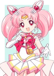Rule 34 | 1girl, :d, bell, bishoujo senshi sailor moon, blue background, chibi usa, commentary request, cone hair bun, cowboy shot, crescent, elbow gloves, gloves, hair bun, highres, kusumoto shizuru, looking at viewer, open mouth, parted bangs, pink hair, pink sailor collar, pleated skirt, red eyes, sailor chibi moon, sailor collar, sailor senshi uniform, shirt, signature, skirt, sleeveless, sleeveless shirt, smile, solo, super sailor chibi moon, twintails, two-tone background, white background, white gloves, white shirt, white skirt