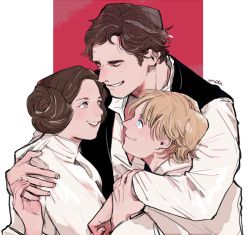 Rule 34 | 1girl, 2boys, animification, blonde hair, brother and sister, brown hair, han solo, hug, luke skywalker, multiple boys, princess leia organa solo, siblings, simple background, smile, star wars, star wars: a new hope, tagme, white background