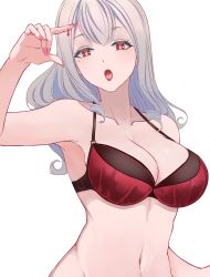 Rule 34 | 1girl, aderi, arm up, bare shoulders, bleeding, blood, blood drip, blood on hands, bra, breasts, cleavage, collarbone, drill hair, fangs, fingernails, grey hair, highres, injury, kumo desu ga nani ka?, large breasts, linea alba, looking at viewer, mole, mole under eye, nail polish, navel, open mouth, red bra, red eyes, simple background, solo, sophia keren, underwear, underwear only, upper body, vampire, white background