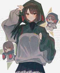 Rule 34 | 1girl, black skirt, blush, brown hair, closed mouth, highres, hood, hoodie, hyuuga (kancolle), kantai collection, kazeshio, looking at viewer, multiple views, pleated skirt, red eyes, short hair, skirt, sleeves past wrists