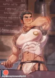 Rule 34 | 1boy, artist name, bara, black hair, black shirt, blush, bulge, closed mouth, covered abs, erection, erection under clothes, highres, jockstrap, large pectorals, lucas lee, male focus, male underwear, muscular, muscular male, navel, paid reward available, pectorals, scott pilgrim (series), scott pilgrim takes off, see-through, shirt, short hair, solo, testicles, two-tone shirt, underwear, white shirt, yuyaowl