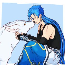 Rule 34 | 1boy, 1other, animal, armor, belt, biceps, blue hair, bracelet, cu chulainn (caster) (fate), cu chulainn (fate), cu chulainn (fate/stay night), dog, earrings, elbow gloves, closed eyes, fate/grand order, fate (series), fingerless gloves, from side, gloves, greaves, jewelry, keyhof, long hair, male focus, sitting, skin tight, smile, spiked hair, tank top, type-moon, vambraces, white wolf, wolf