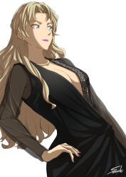 Rule 34 | 1girl, black dress, blonde hair, breasts, cleavage, dress, green eyes, highres, large breasts, long hair, looking to the side, meitantei conan, plunging neckline, purple lips, purple nails, see-through, see-through sleeves, signature, solo, sooma4869, vermouth (meitantei conan), white background