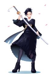 Rule 34 | black dress, black hair, blue hair, character request, closed mouth, commission, cross-laced footwear, dress, full body, high heels, highres, holding, holding sword, holding weapon, katana, kimetsu no yaiba, looking at viewer, multicolored hair, nail polish, pantyhose, petals, simple background, split mouth, standing, sword, two-tone hair, weapon, white background, yoruny