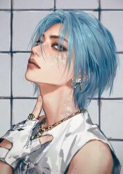 Rule 34 | 1boy, bare shoulders, blue hair, chain, chain necklace, character request, closed mouth, commentary, expressionless, eyelashes, finger to neck, fingerless gloves, fingernails, freckles, gloves, gold chain, gold ring, grey eyes, jewelry, k-pop, lock necklace, looking at viewer, male focus, mole, mole on shoulder, necklace, real life, realistic, red lips, shirt, short hair, simple background, sleeveless, sleeveless shirt, solo, thick eyebrows, tile wall, tiles, upper body, white gloves, white shirt, zailin