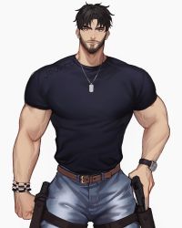 Rule 34 | 1boy, artist name, bara, beard, belt, black hair, blouse, blue shirt, bracelet, brown belt, brown eyes, character request, closed mouth, commentary, commission, copyright request, cowboy shot, denim, dog tags, english commentary, facial hair, gun, highres, jeans, jewelry, jouvru, looking at viewer, male focus, manly, muscular, pants, pectorals, shirt, short sleeves, simple background, solo, stubble, symbol-only commentary, t-shirt, taut clothes, taut shirt, veins, watch, watermark, weapon