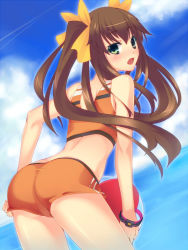 Rule 34 | 0726, 10s, 1girl, adjusting clothes, ass, bad id, bad pixiv id, ball, beach, beachball, blush, brown hair, day, green eyes, hair ribbon, huang lingyin, infinite stratos, long hair, looking back, midriff, open mouth, ribbon, shorts, solo, twintails