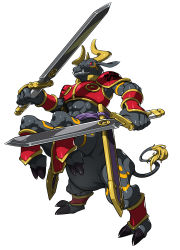 Rule 34 | 1boy, abs, absurdres, armor, artist request, chinese zodiac, deva (digimon), digimon, full body, highres, holding, holding sword, holding weapon, horns, manly, muscular, ox (chinese zodiac), red eyes, sword, tail, vajramon, weapon