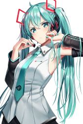 Rule 34 | 1girl, aqua eyes, aqua hair, aqua nails, aqua necktie, armpits, bare shoulders, black skirt, blush, closed mouth, detached sleeves, frown, grey shirt, hair ornament, hatsune miku, headset, highres, long hair, long sleeves, looking at viewer, nail polish, necktie, pouty lips, shirt, simple background, skirt, solo, superpig, twintails, upper body, v-shaped eyebrows, very long hair, vocaloid, wavy mouth, white background, wing collar