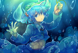 Rule 34 | 1girl, blue eyes, blue hair, hair bobbles, hair ornament, hat, kawashiro nitori, looking at viewer, matching hair/eyes, navel, open mouth, sketch, solo, submerged, touhou, twintails, two side up, underwater, yetworldview kaze