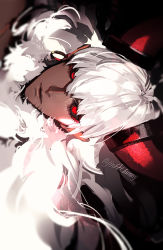 Rule 34 | 1boy, asterios (fate), black sclera, colored sclera, dark, dark-skinned male, dark skin, expressionless, fate/grand order, fate (series), fluffy, highres, horns, koshika rina, lips, long hair, looking at viewer, male focus, parted lips, red eyes, red horns, solo, upper body, white hair