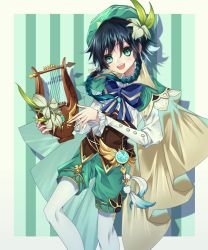 Rule 34 | 1boy, anemo (genshin impact), bard, black hair, blue eyes, blue hair, braid, cape, eyes visible through hair, feathers, flower, genshin impact, gradient hair, green hat, hat, hat flower, highres, long sleeves, looking at viewer, lyre, male focus, mellow kaede, multicolored hair, open mouth, pantyhose, shorts, simple background, smile, solo, trap, twin braids, venti (genshin impact), vision (genshin impact), white flower
