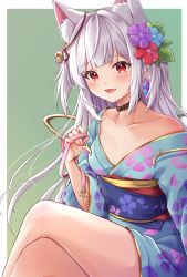 Rule 34 | 1girl, :d, animal ear fluff, animal ears, black collar, blue flower, blue kimono, breasts, collar, collarbone, commentary request, commission, crossed legs, fang, feet out of frame, floral print, flower, green background, grey hair, hair flower, hair ornament, highres, japanese clothes, kimono, long sleeves, looking at viewer, nazuna shizuku, obi, off shoulder, open mouth, original, pixiv commission, print kimono, purple flower, red eyes, red flower, sash, sitting, small breasts, smile, solo, two-tone background, white background, wide sleeves