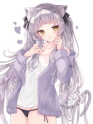 Rule 34 | 1girl, absurdres, animal ears, black panties, black ribbon, blush, breasts, cat ears, cat girl, cat tail, cleavage, cowboy shot, grey hair, hair ribbon, heart, highres, hololive, jacket, long hair, long sleeves, maikro, murasaki shion, open clothes, open jacket, panties, ribbon, shirt, simple background, smile, solo, standing, tail, twintails, underwear, very long hair, virtual youtuber, white background, white shirt, yellow eyes