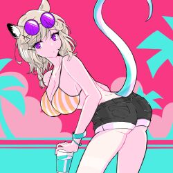 Rule 34 | 1girl, animal ear fluff, aqua tail, arknights, black shorts, blonde hair, bra, breasts, chomo o12, cleavage, collarbone, highres, large breasts, looking at viewer, purple eyes, round eyewear, shorts, slit pupils, solo, striped bra, striped clothes, thighs, underwear, utage (arknights), utage (summer flowers) (arknights)
