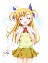 Rule 34 | 10s, ^ ^, blonde hair, closed eyes, closed eyes, flipper, long hair, lyrical nanoha, mahou shoujo lyrical nanoha, mahou shoujo lyrical nanoha vivid, ribbon, sacred heart, school uniform, skirt, smile, solo, sweater vest, twintails, two side up, vivio