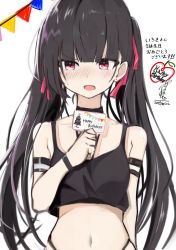 Rule 34 | 1girl, arm strap, bare shoulders, birthday card, black hair, black shirt, blush, borrowed character, choker, collarbone, commentary request, crop top, dated, earrings, fuyu yafunu, hair ribbon, happy birthday, highleg, highres, jewelry, long hair, looking to the side, midriff, navel, open mouth, original, red eyes, ribbon, shirt, skindentation, sleeveless, sleeveless shirt, solo, stomach, stud earrings, sweatdrop, twintails, upper body, v-shaped eyebrows, very long hair, white background, wristband