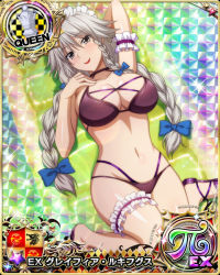 Rule 34 | 1girl, bikini, black bikini, blue bow, bow, braid, breasts, card (medium), chess piece, cleavage, female focus, grayfia lucifuge, grey eyes, grey hair, hair bow, high school dxd, large breasts, long hair, looking at viewer, lying, maid headdress, matching hair/eyes, mature female, multi-strapped bikini, navel, official art, queen (chess), red lips, smile, solo, stomach, swimsuit, thigh strap, twin braids