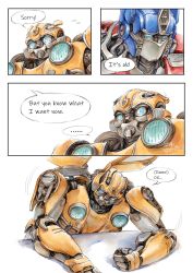 Rule 34 | ..., 4koma, autobot, bent over, blue eyes, comic, commentary, english commentary, english text, highres, machinery, male focus, mecha, multiple boys, no humans, optimus prime, robot, science fiction, simple background, speech bubble, transformers, white background, xiangbei zhinan