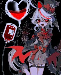 Rule 34 | 1girl, absurdres, adapted costume, ascot, black background, black footwear, black gloves, black hat, black jacket, blood, blood bag, bow, cowboy shot, cowlick, demon wings, drop-shaped pupils, fangs, furina (genshin impact), genshin impact, gloves, grey shorts, hands up, hat, hat bow, heterochromia, highres, jacket, leg up, long hair, mismatched pupils, monochrome, multicolored hair, open mouth, outline, populamalus, red ascot, red eyes, red theme, shorts, solo, streaked hair, symbol-shaped pupils, thigh strap, top hat, wavy hair, white outline, wings