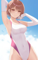 Rule 34 | 1girl, absurdres, arm behind head, armpits, bare shoulders, breasts, brown hair, closed mouth, competition swimsuit, covered navel, cowboy shot, elbow gloves, frown, gloves, hand up, highleg, highleg swimsuit, highres, higuchi madoka, idolmaster, idolmaster shiny colors, large breasts, looking at viewer, one-piece swimsuit, red eyes, rko (a470350510), short hair, sky, solo, standing, swimsuit, two-tone one-piece swimsuit, v-shaped eyebrows, wet, wet clothes, wet swimsuit, white gloves