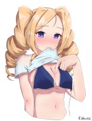 Rule 34 | 1girl, absurdres, artist name, bikini, blonde hair, blue bikini, blue eyes, blush, breasts, cleavage, clothes lift, drill hair, hand on own chest, heart, heart-shaped pupils, highres, honolulu (kancolle), kantai collection, large breasts, lifted by self, long hair, looking at viewer, navel, rikka006, shirt, shirt lift, short sleeves, swimsuit, swimsuit under clothes, symbol-shaped pupils, twin drills, upper body, white background