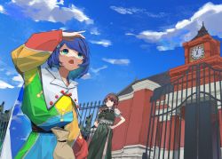Rule 34 | 2girls, blue hair, braid, cape, chinese clothes, cloak, cloud, cloud print, cloudy sky, collared dress, dauchimk 1, day, dress, frilled sleeves, frills, green dress, green eyes, green headwear, green skirt, highres, hong meiling, long hair, long sleeves, multicolored clothes, multicolored dress, multiple girls, open mouth, outdoors, patchwork clothes, pink footwear, puffy short sleeves, puffy sleeves, red button, red hair, scarlet devil mansion, shirt, short hair, short sleeves, skirt, sky, sky print, tenkyuu chimata, touhou, twin braids, two-sided cape, two-sided fabric, white cloak, white shirt, zipper