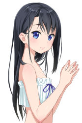 Rule 34 | 1girl, bare arms, bare shoulders, black hair, blue eyes, blue ribbon, blush, breasts, derivative work, from side, kimagure blue, lips, long hair, looking at viewer, looking to the side, md5 mismatch, original, own hands together, ribbon, shiny skin, simple background, small breasts, smile, solo, strapless, tube top, underwear, underwear only, upper body, white background