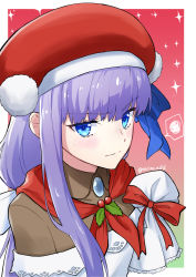 Rule 34 | 1girl, apron, blue eyes, blue ribbon, blush, breasts, brooch, brown shirt, cosplay, fate/extra, fate/extra ccc, fate/grand order, fate (series), hair ribbon, hat, highres, jewelry, long hair, long sleeves, looking at viewer, martha (fate), martha (santa) (fate), martha (santa) (fate) (cosplay), meltryllis (fate), mittens, off shoulder, purple hair, red hat, ribbon, santa hat, shirt, sleeves past fingers, sleeves past wrists, small breasts, solo, sparkle, torinonest, very long hair, voice actor connection, white apron
